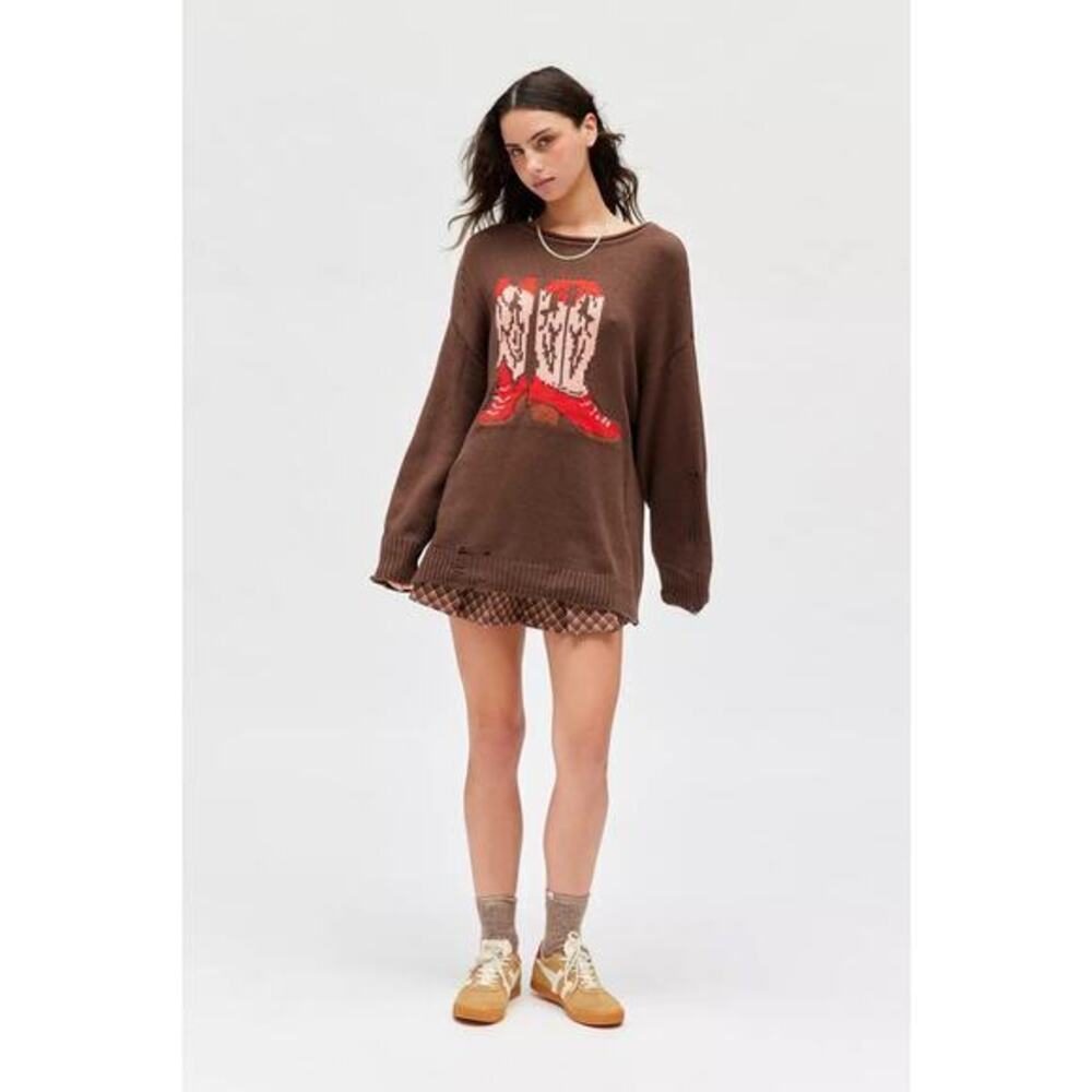 Urban Outfitters BDG Stella Cowboy Boot Graphic Distressed Pullover Sweater XS